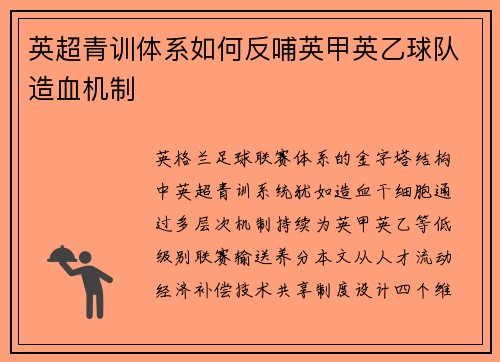 英超青训体系如何反哺英甲英乙球队造血机制