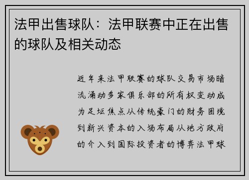 法甲出售球队：法甲联赛中正在出售的球队及相关动态