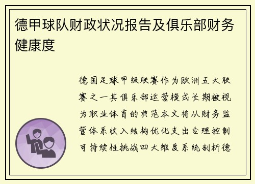 德甲球队财政状况报告及俱乐部财务健康度