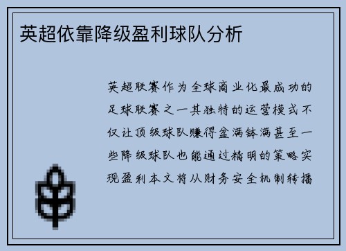 英超依靠降级盈利球队分析