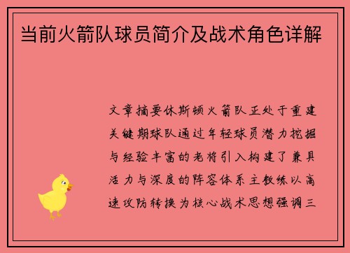 当前火箭队球员简介及战术角色详解